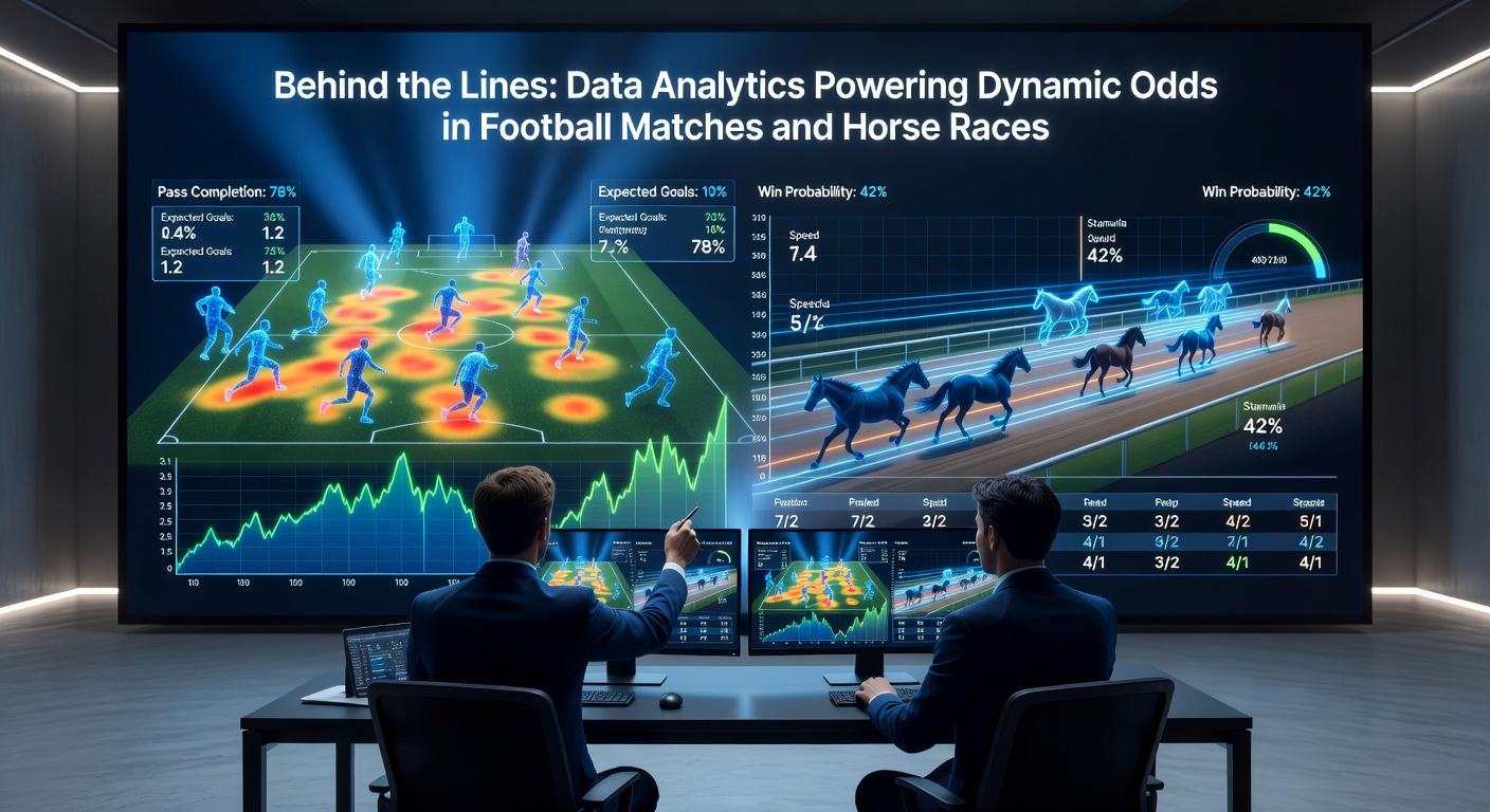 Horse racing analytics interface showing real-time odds adjustments overlaid on a track diagram, highlighting jockey positions and pace projections