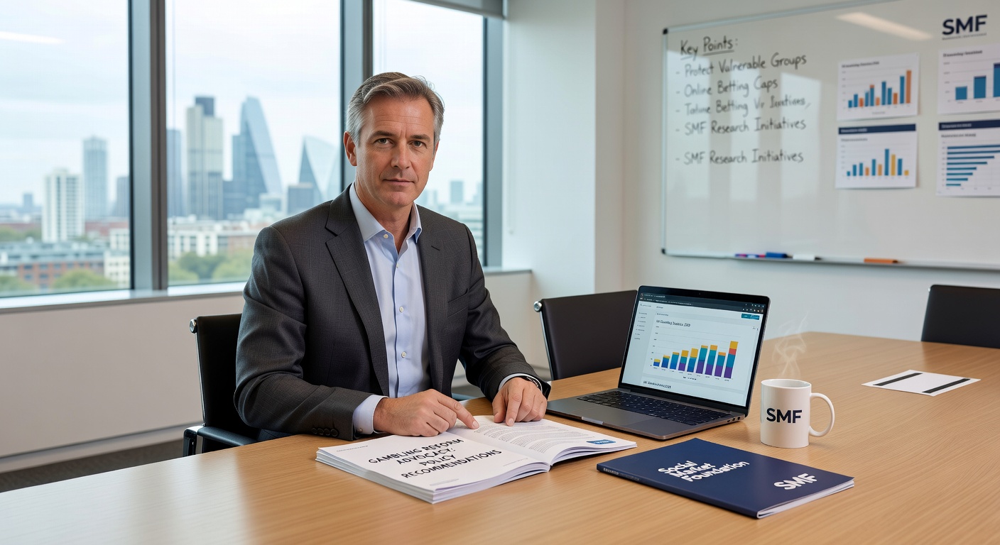Graphic showing a balance scale with gambling chips on one side and financial documents plus regulatory icons on the other, symbolizing checks and balances in UK betting reforms