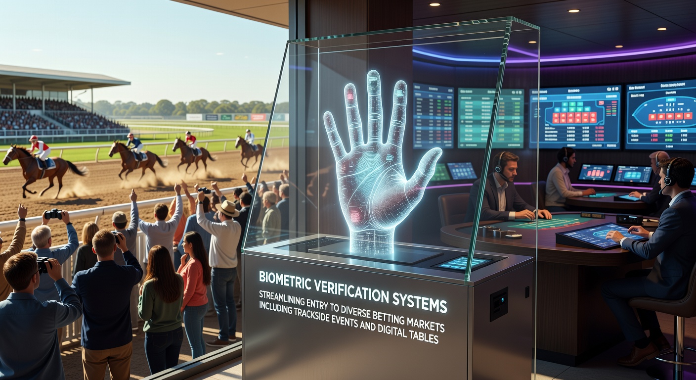 Biometric scanning device at a racetrack entrance with users verifying identity quickly