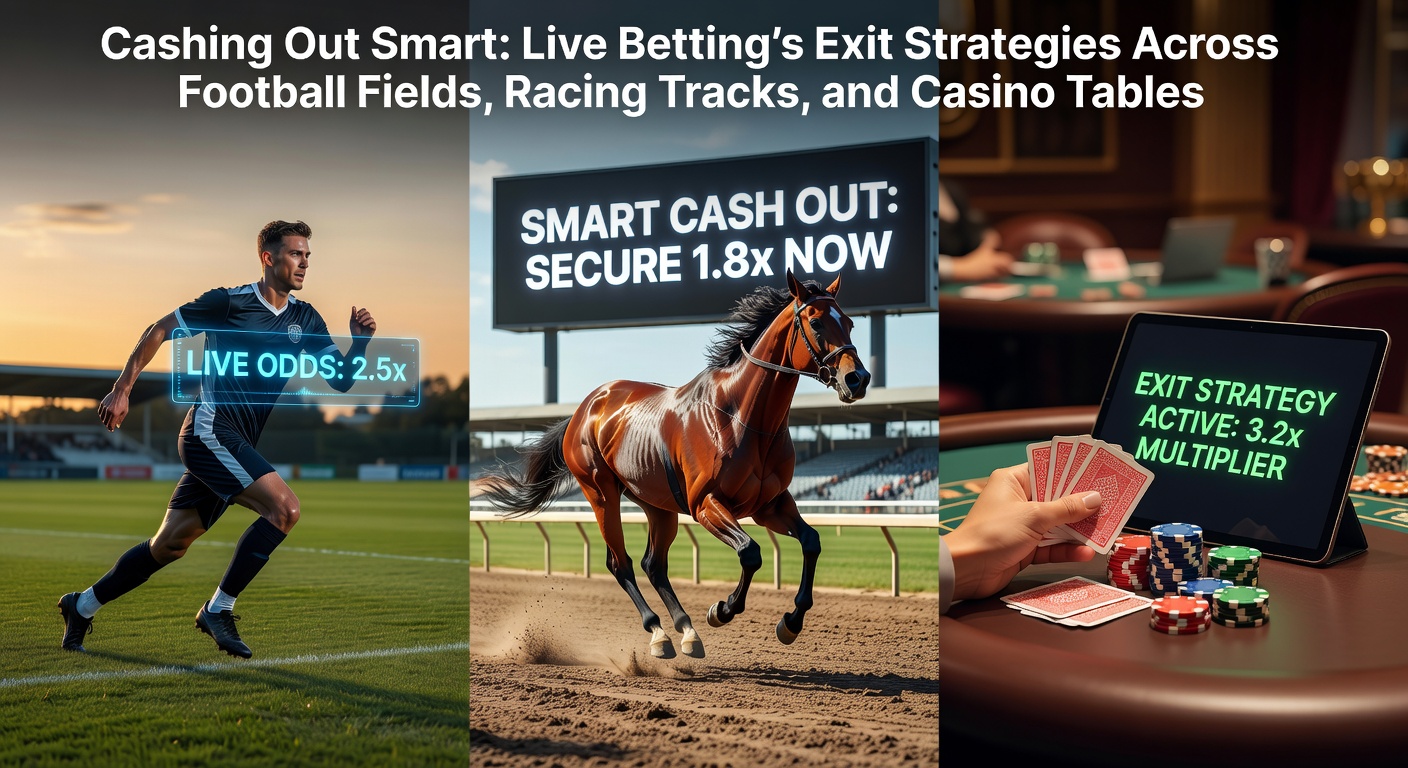 A dynamic scene of live betting interfaces showing cash-out buttons during a football match, horse race, and casino table game, highlighting real-time decision points