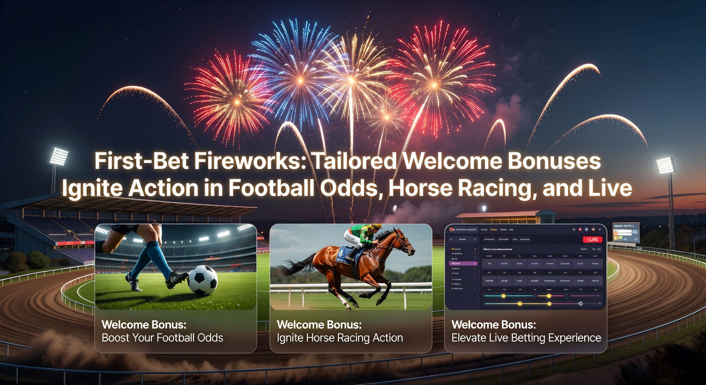 Vibrant display of betting interfaces showing first-bet bonuses for soccer matches, horse races, and live casino tables, with fireworks exploding in the background