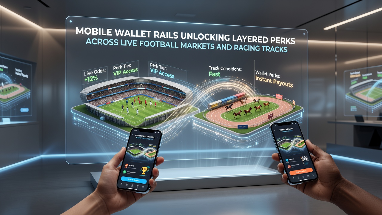 Mobile wallet interface displaying layered perks for live football and racing bets