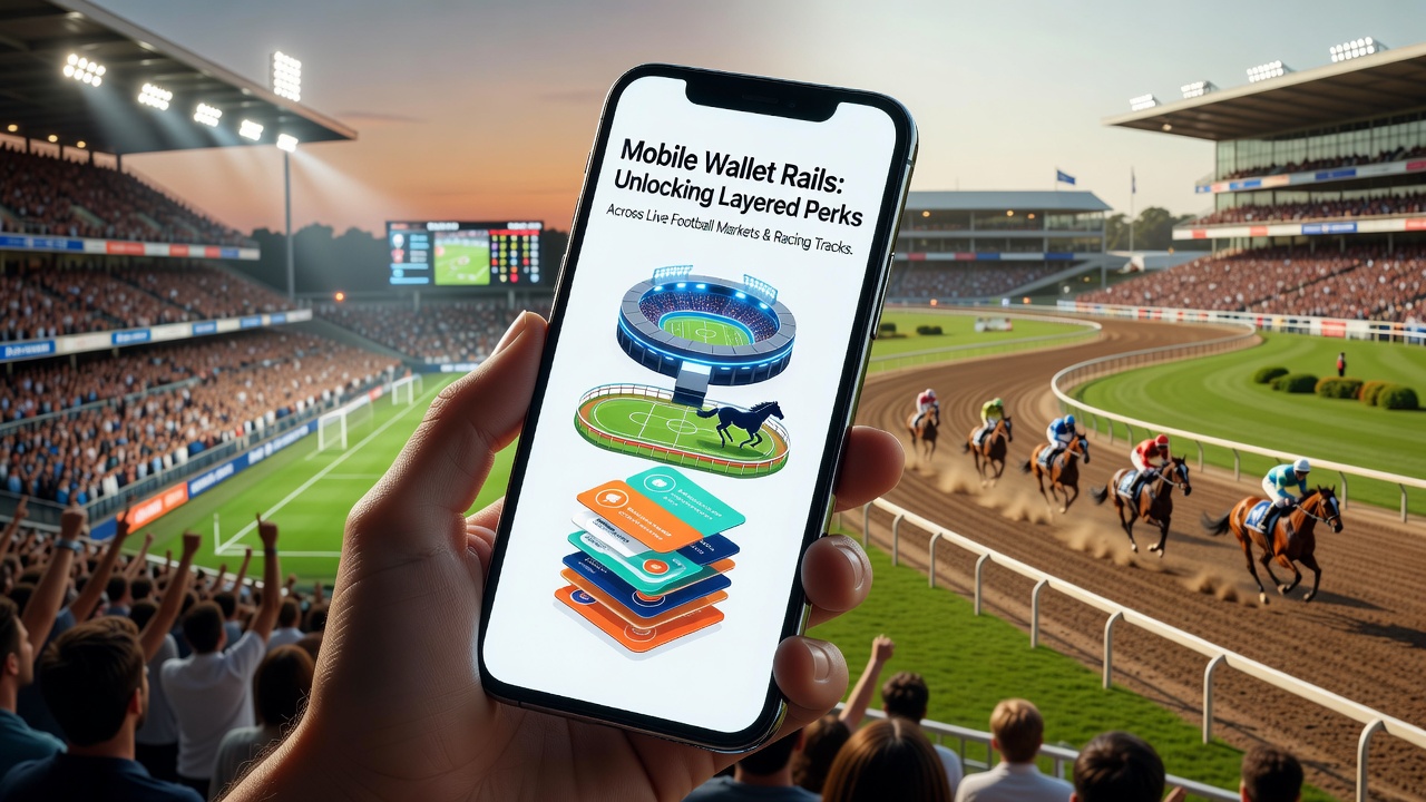 Racing track scene with mobile wallet perks highlighted on digital screens