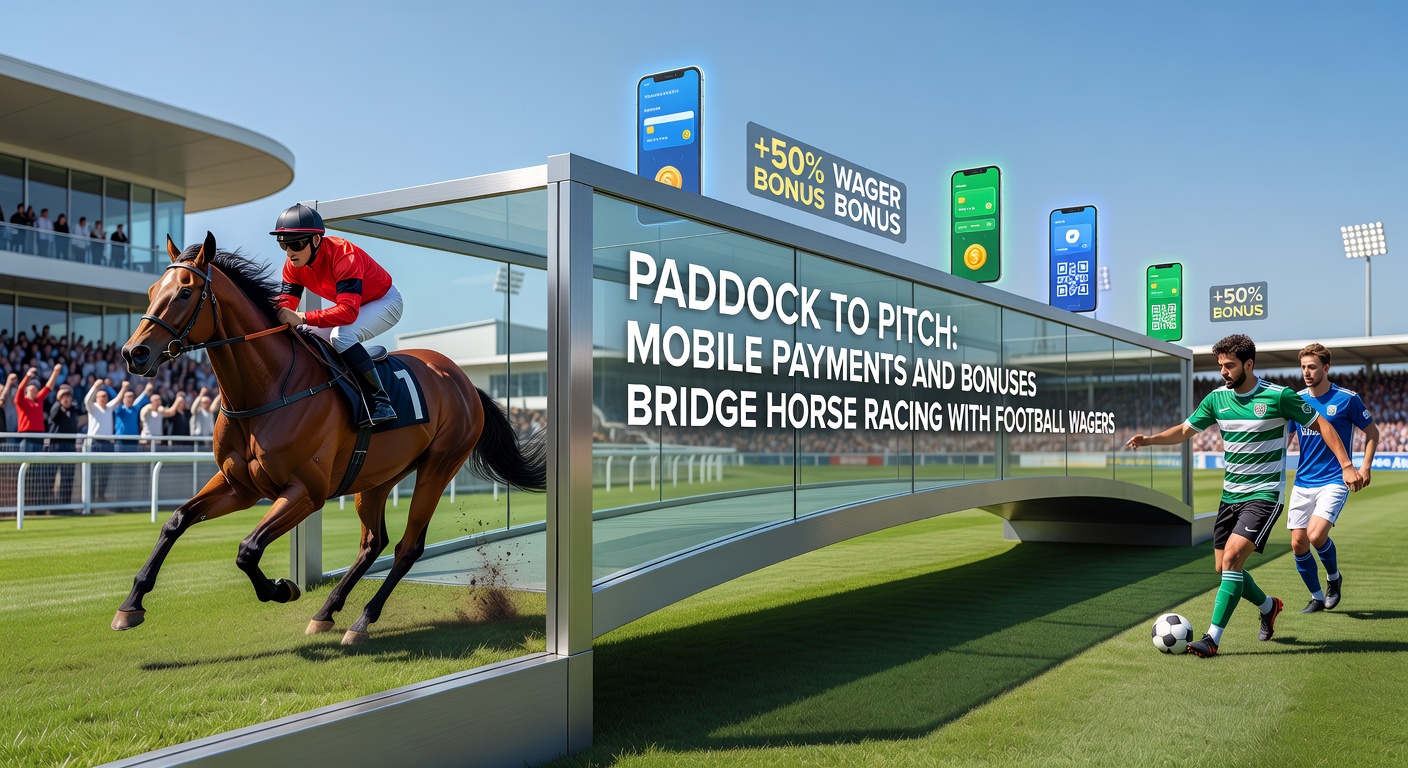 A dynamic scene showing a horse racing paddock transitioning to a football pitch, with mobile phones displaying payment apps and bonus notifications overlayed