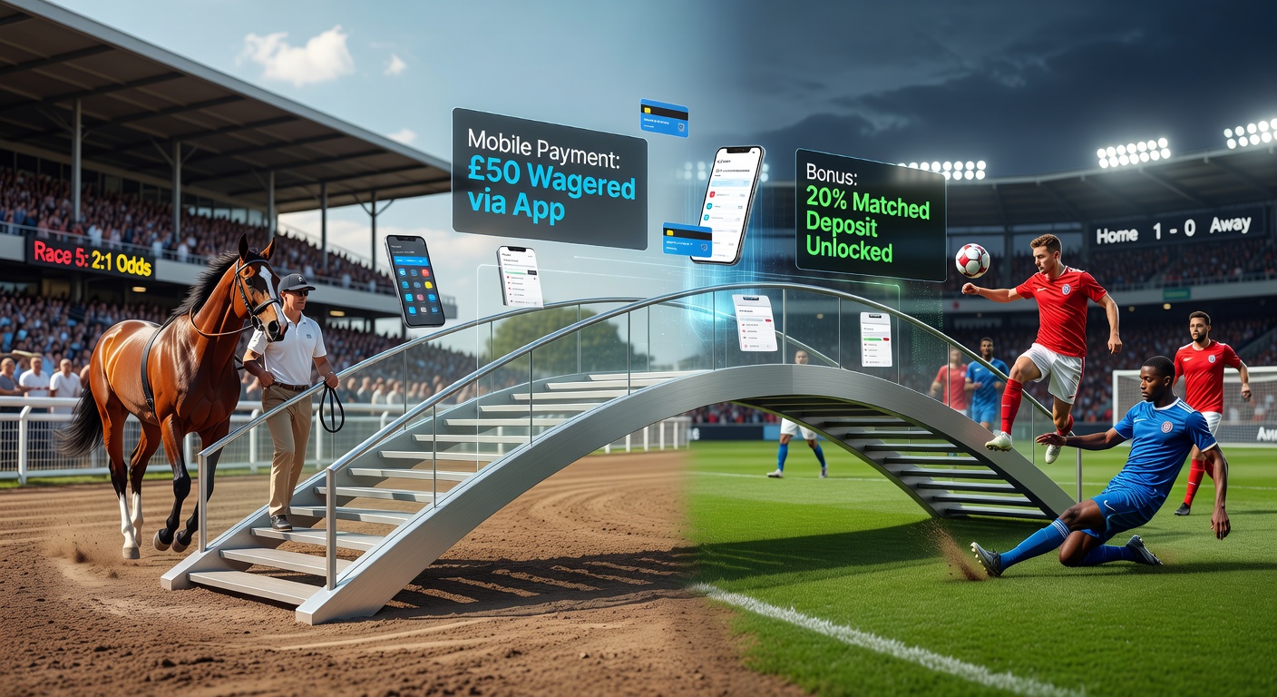 Illustration of a mobile screen split between a galloping racehorse and a soccer player scoring, with glowing payment icons and bonus multipliers connecting the scenes