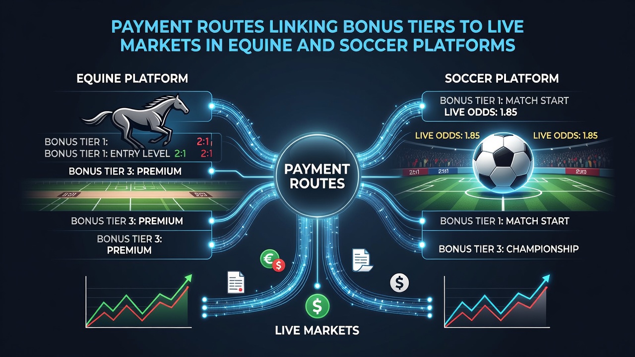 Diagram showing payment routes connecting bonus tiers to live equine and soccer markets on digital platforms