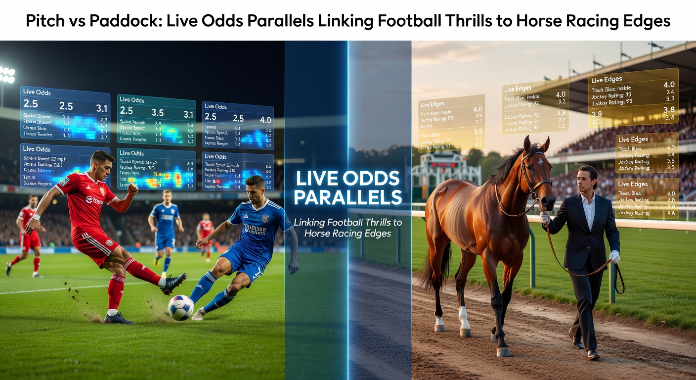 Dynamic split image showing a football match in progress on the left with live odds overlay and a horse racing paddock on the right with fluctuating betting lines