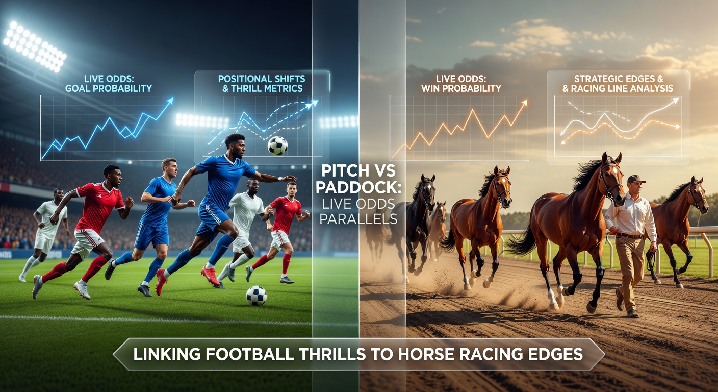Close-up of a horse in the paddock with overlaid live odds fluctuating, contrasted by a football stadium crowd during a tense moment