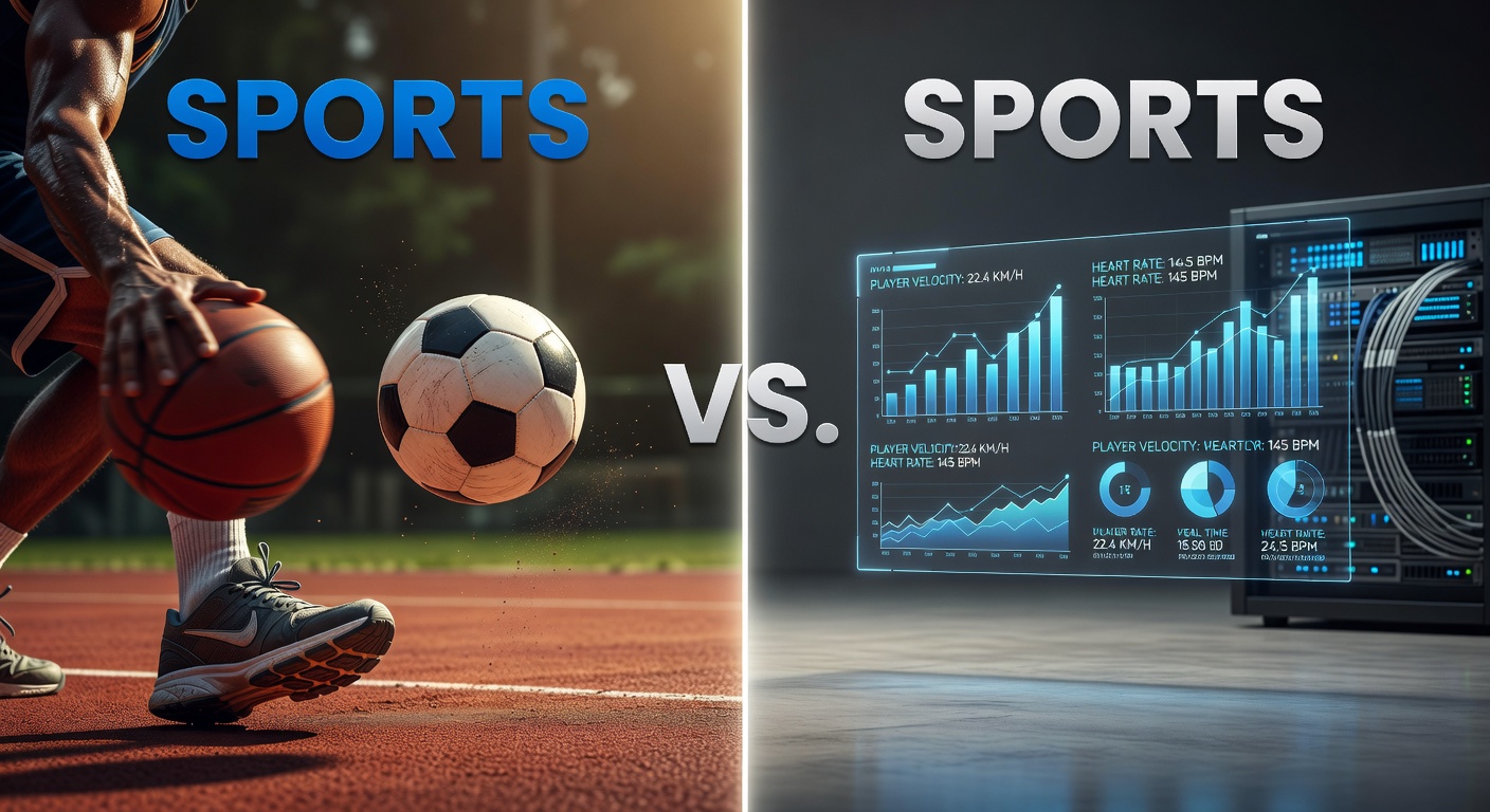 Dynamic split image showing a soccer stadium crowd cheering alongside vibrant casino slot machines and roulette wheels, highlighting the contrast between live sports excitement and casino glamour