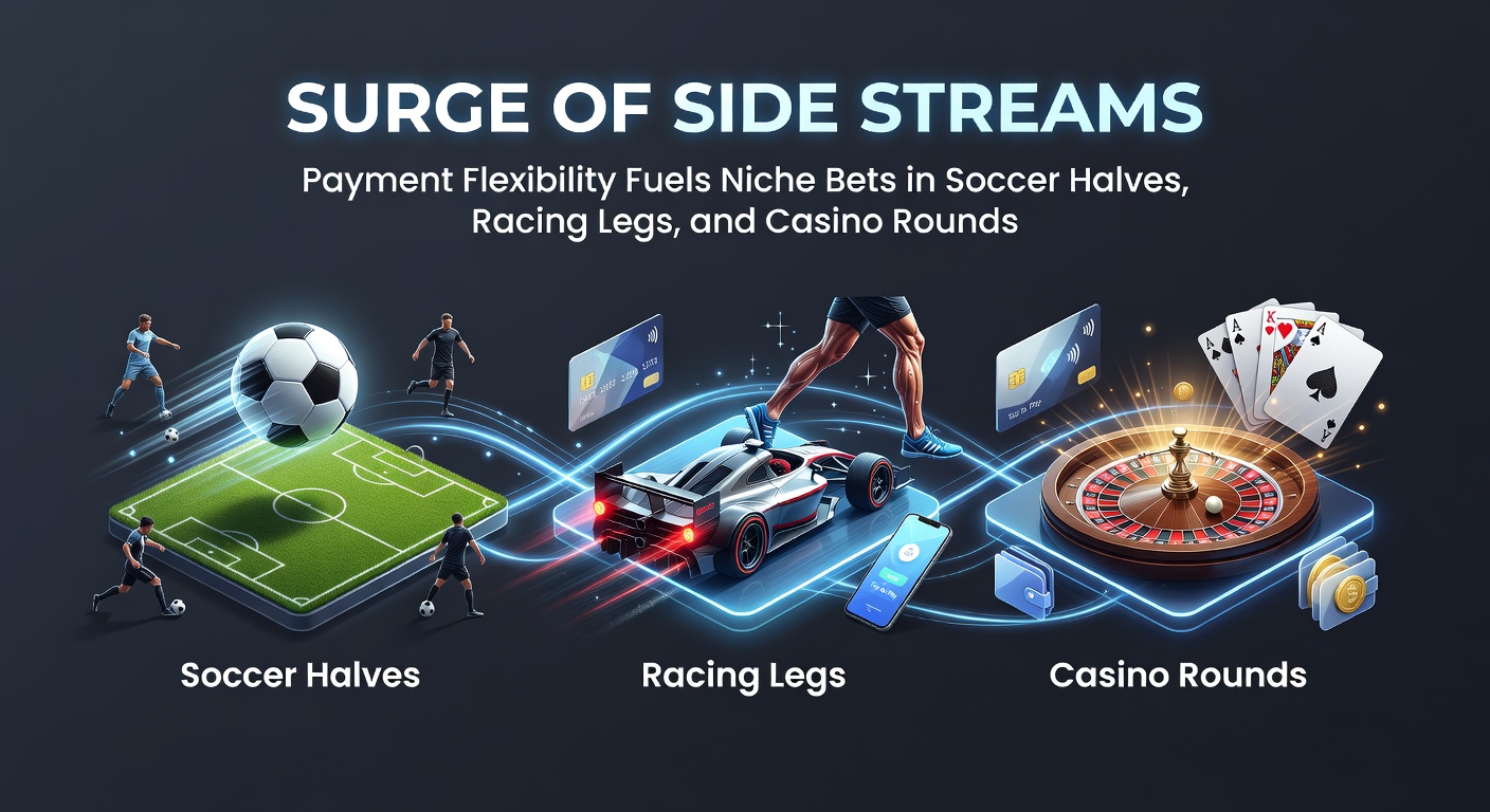 Dynamic graphic showing soccer half-time bets, horse racing multi-leg accumulators, and live casino roulette wheels with payment icons overlayed for instant funding