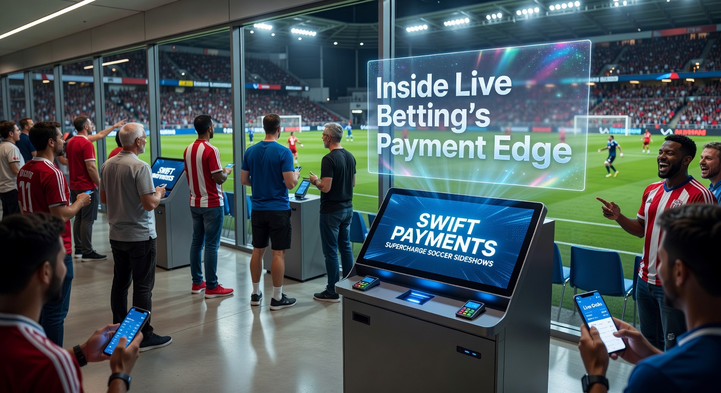 Dynamic soccer stadium scene with overlaid digital betting interfaces showing live odds and instant payment icons