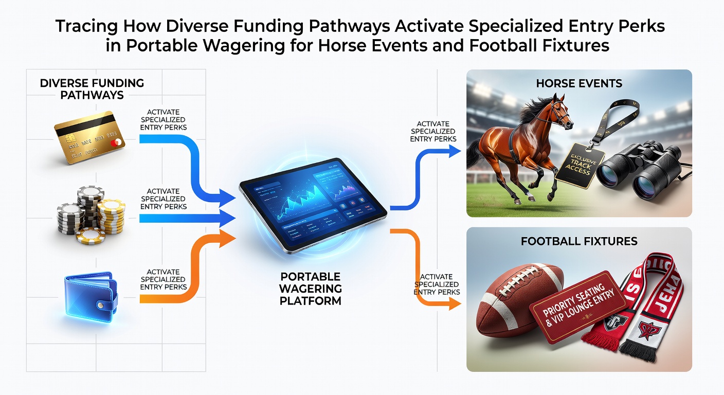 Mobile device screens displaying multiple funding options and bonus activation flows for horse racing and football wagers