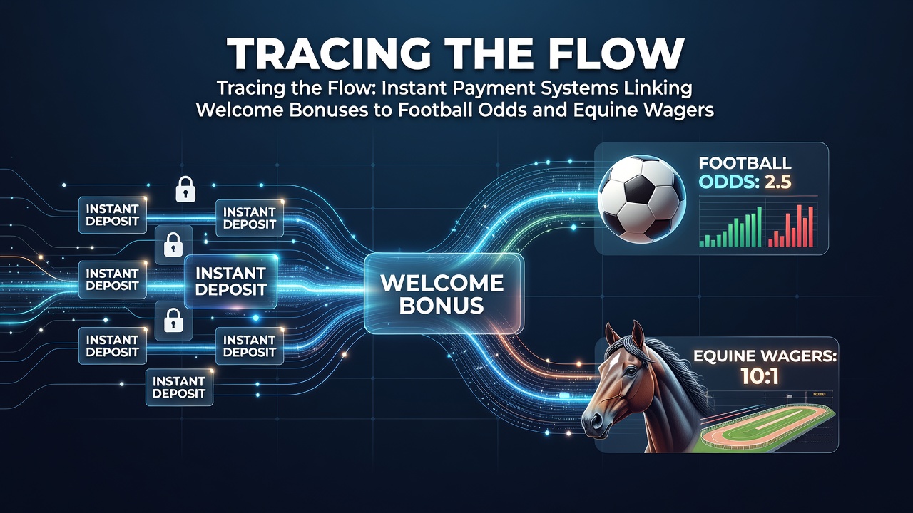 Diagram showing instant payment pathways from mobile wallets through welcome bonuses into football match odds and horse racing wagers