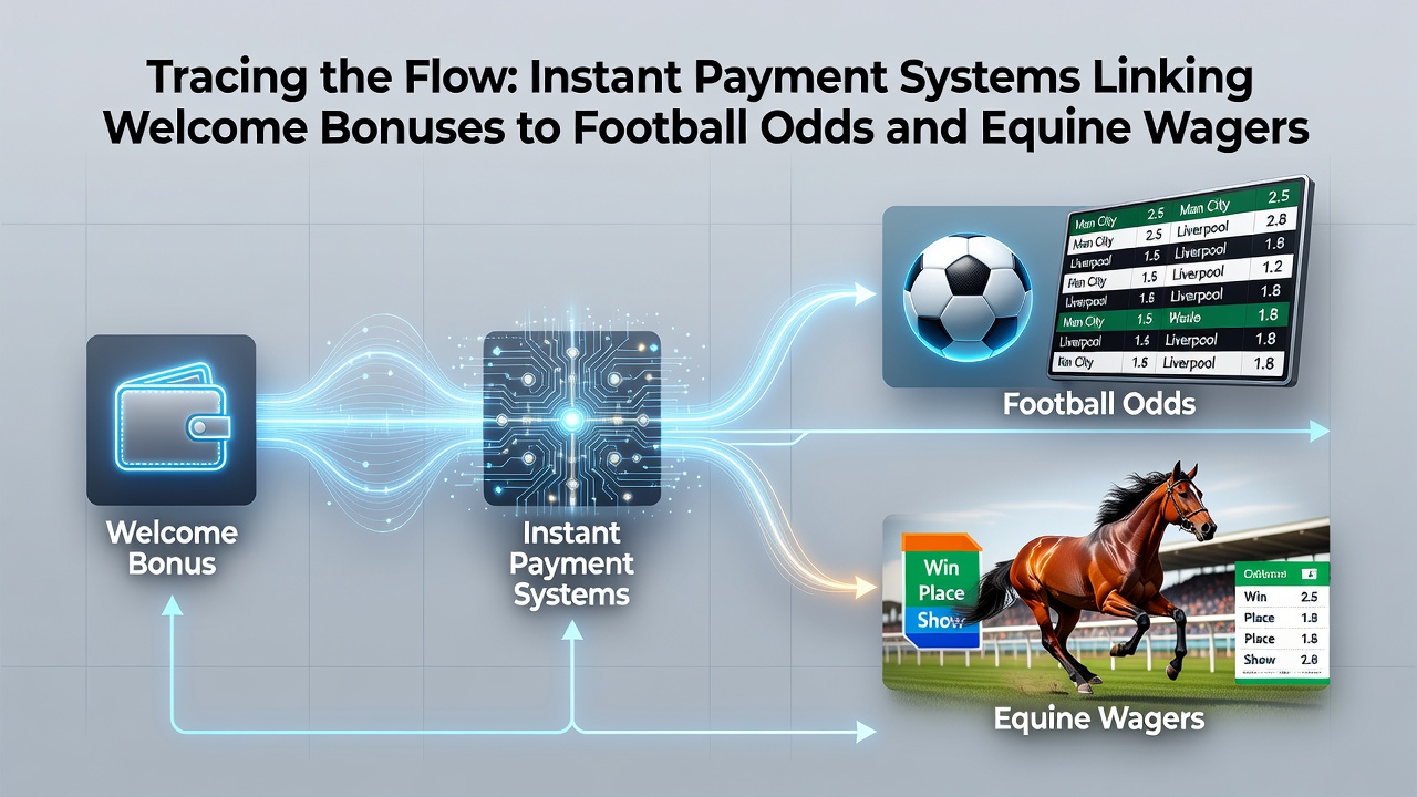 Flowchart illustrating how instant deposits trigger welcome bonuses that then convert into live football stakes and horse race bets