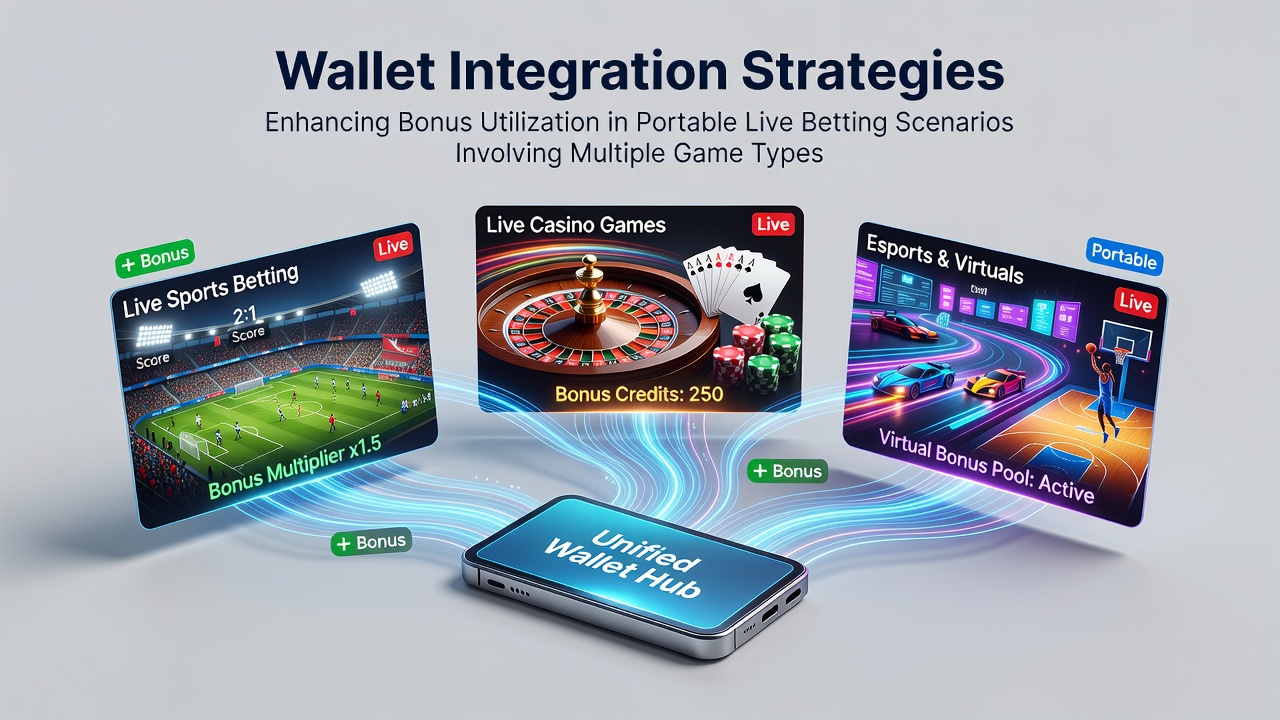 Illustration of mobile wallet interfaces connected to live betting platforms with soccer, racing, and casino elements displayed on a smartphone screen