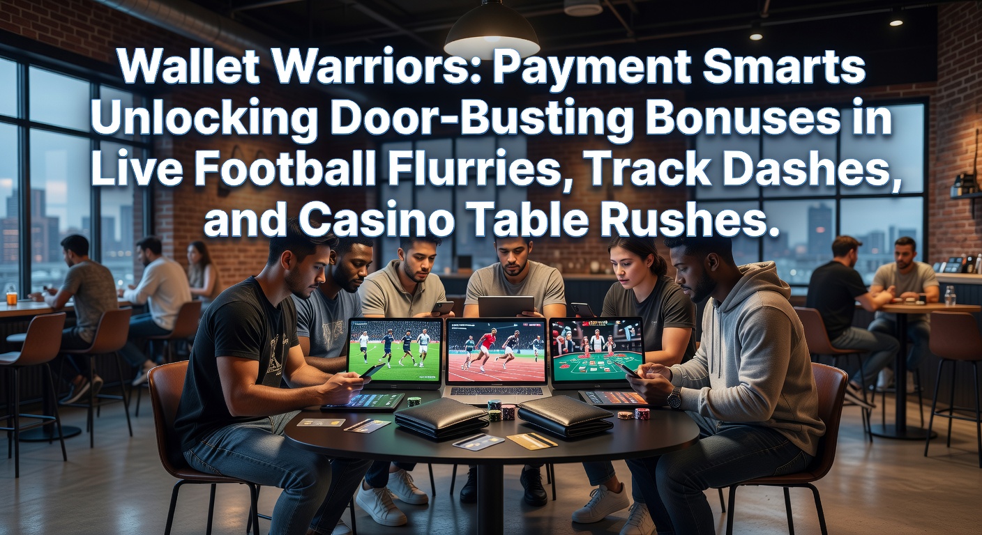 Dynamic scene of digital wallets powering rapid bets during live football matches, horse races, and casino table action, with bonus icons exploding in the background