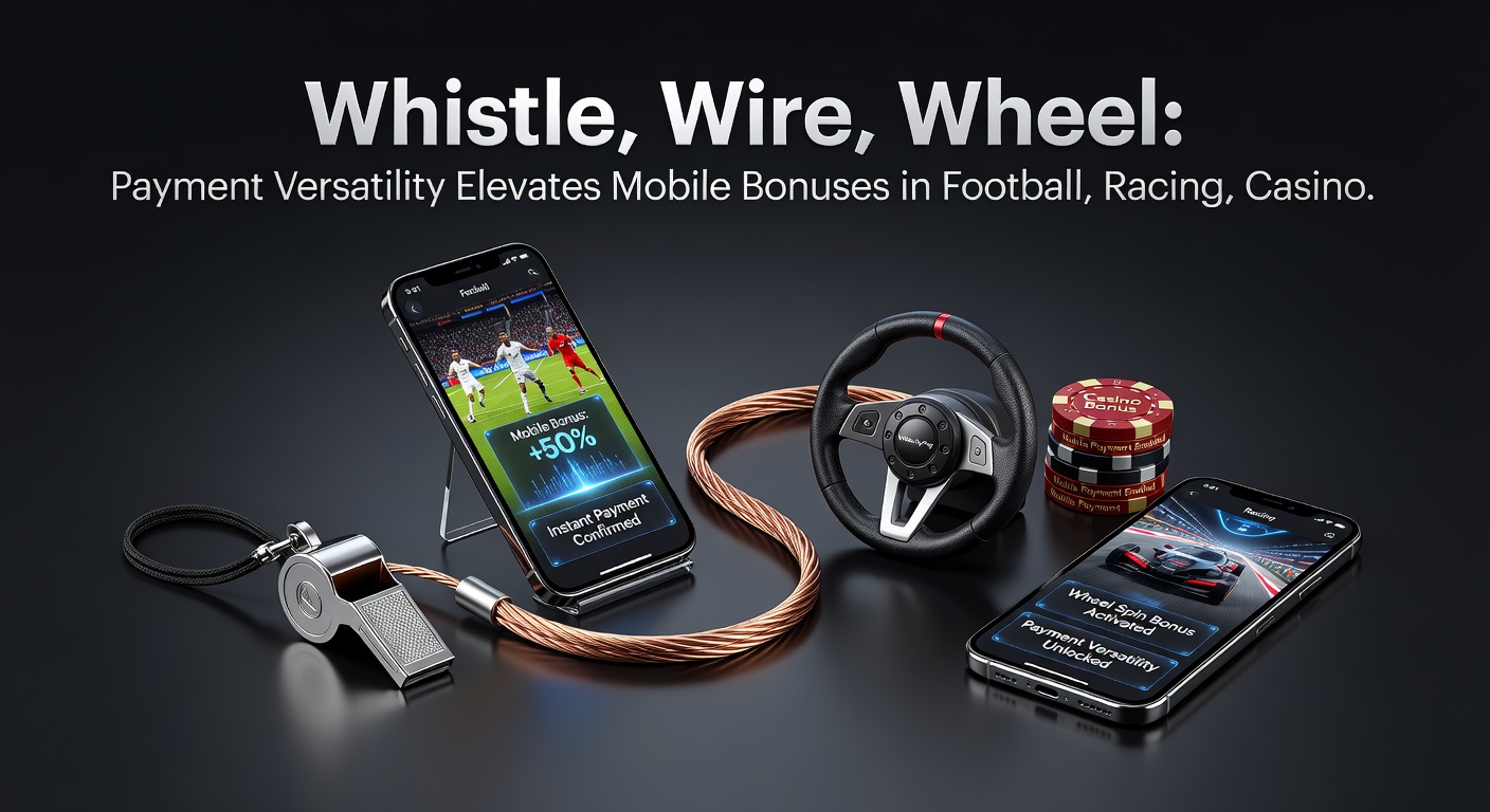 Horse racing scene with overlaid payment method logos and bonus multiplier graphics on a mobile screen